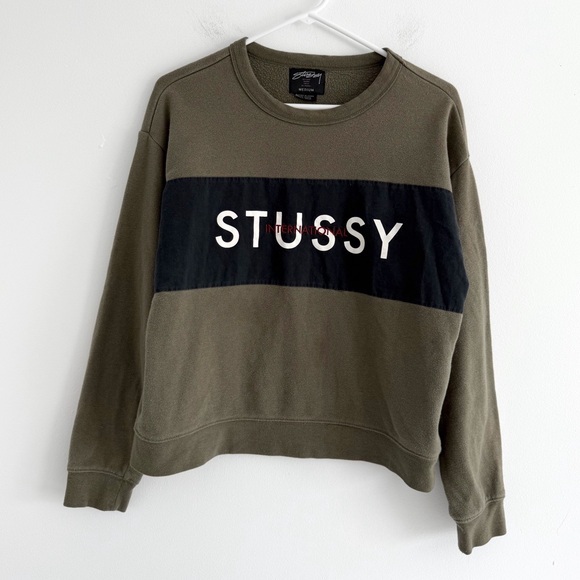 Vintage Stussy International Green & Black Panel Crewneck Sweatshirt - Picture 1 of 7